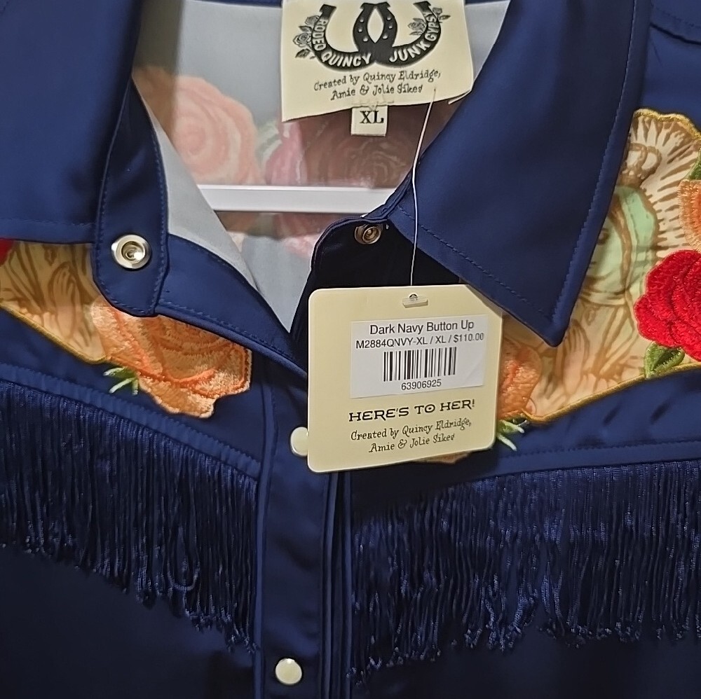 Rodeo Quincy Embroidered Fringe Satin Western Shirt Jacket - Picture 2 of 4